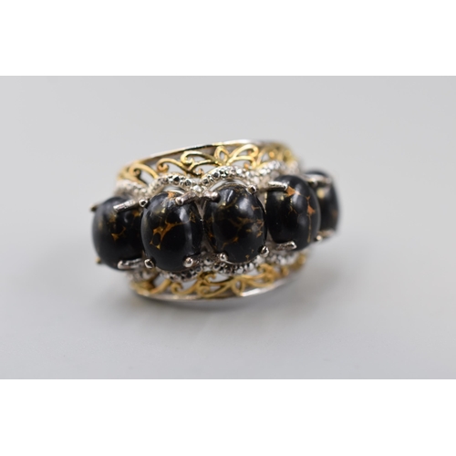 45 - TJC Silver 925, with Gold and Platinum Overlaid Top, Black Turquoise Stoned Ring 10.5g Complete in P... 