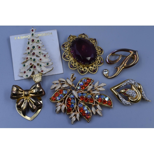 104 - A Selection of Six Gold Tone Designer Brooches, In Presentation Box