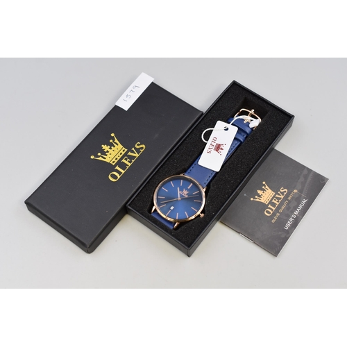 106 - Stylish gents Olev watch in rose gold with dark blue strap, brand new in presentation box with tags ... 