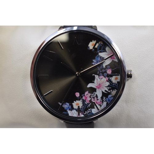 110 - Ladies Kimomt watch in black with floral design and black strap, brand new, in presentation box, in ... 