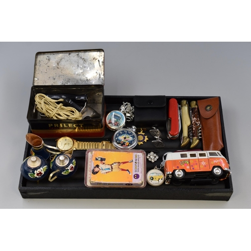 114 - Mixed Selection to include Vintage Travel Iron, Metal VW Camper (a/f inside), BP Travel Clock, Pocke... 