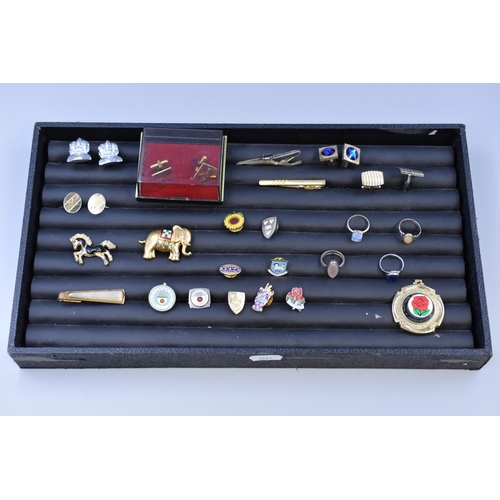 115 - Mixed Tray of Jewellery and Badges Includes Silver Ring, Brooches, Cufflinks and Enamel Badges