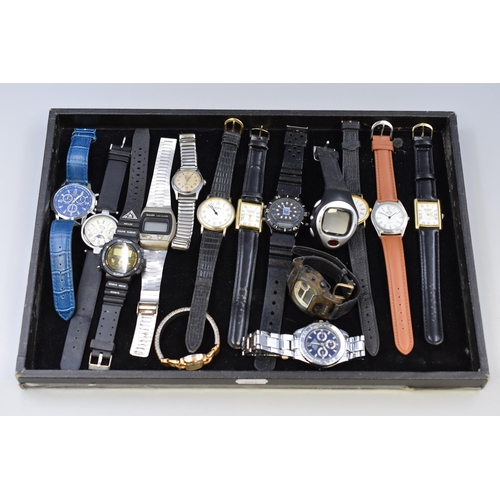 118 - Tray of 14 Watches Includes Vintage Buler LCD Digital, Swiss Felea 17 Jewel, and More. Check Out The... 