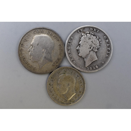 123 - George IV and George V Silver Shillings and a George VI Silver Sixpence