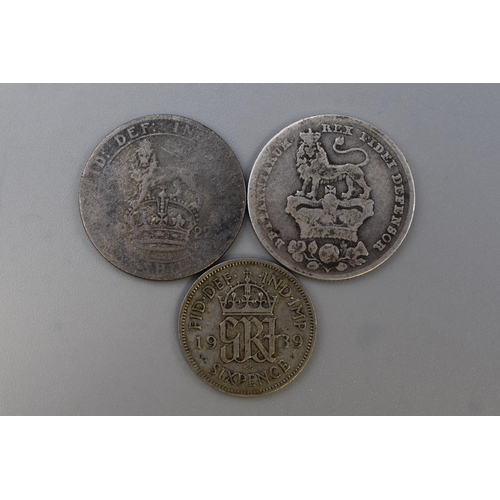 123 - George IV and George V Silver Shillings and a George VI Silver Sixpence
