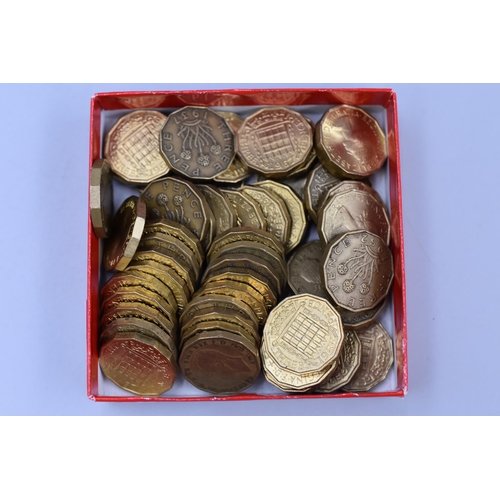 125 - Approx 50 Mixed Brass Three Pence Coins