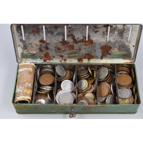 131 - A Vintage Powder Green Savings Tin, With a Selection of Unsorted Worldwide Coins and Notes. With Key
