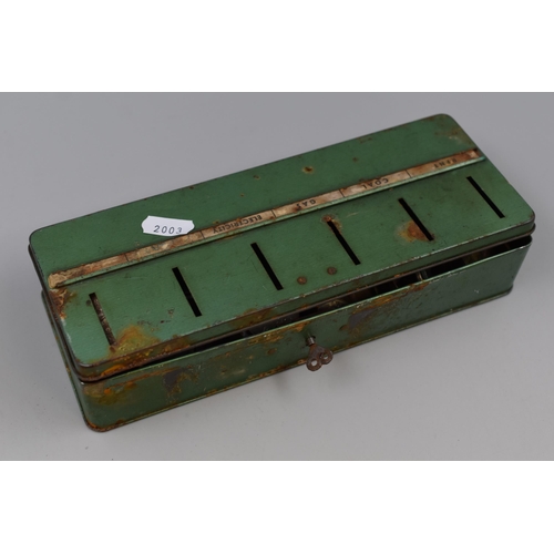 131 - A Vintage Powder Green Savings Tin, With a Selection of Unsorted Worldwide Coins and Notes. With Key