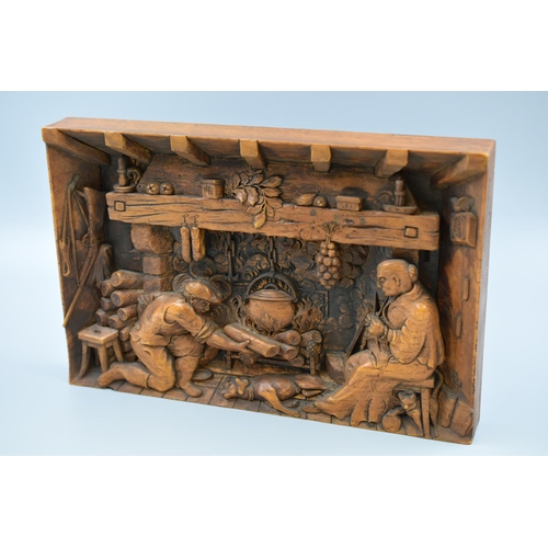 274 - Vintage Wood effect Carving Depicting Fireside Scene (13