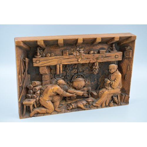 274 - Vintage Wood effect Carving Depicting Fireside Scene (13