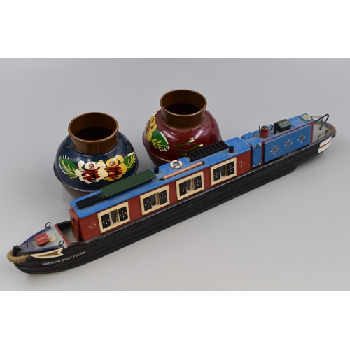 168 - Barge Ware Model Narrow Boat and Pair of Matching Copper Vases
