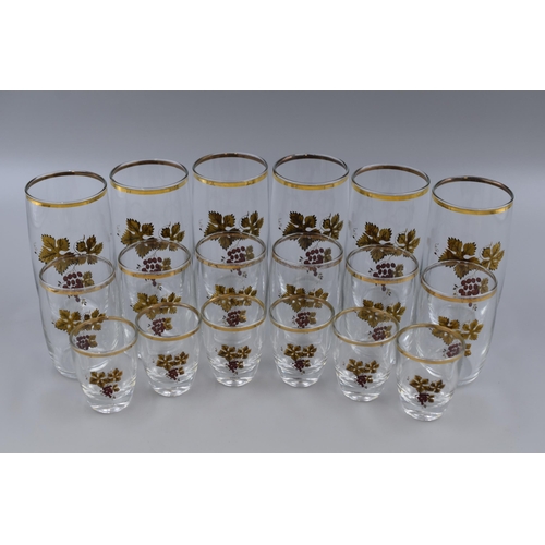 171 - A Set of Eighteen Gold Gilt Rim Grape Design Drinking Glasses, Three Different Sizes