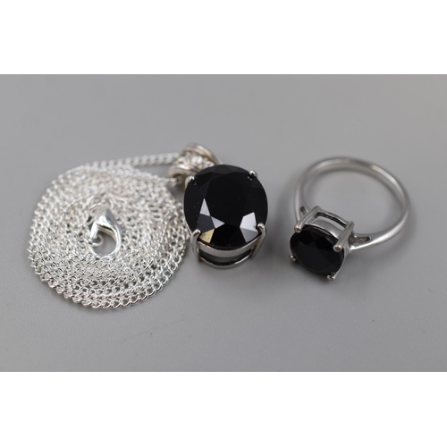 195 - Silver 925 Black Onyx Ring and Necklace Set Complete in Gift Box