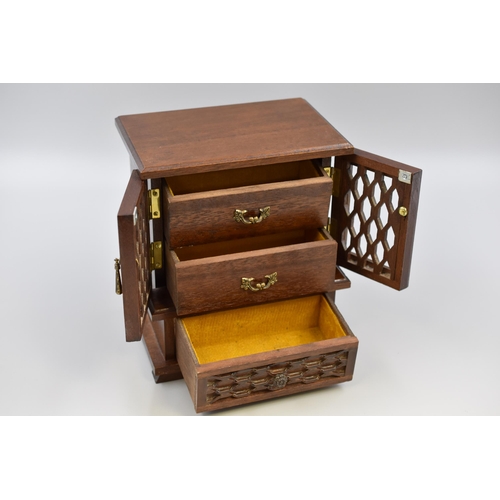 427 - Small Vintage Wooden Musical Jewellery Box with Brass Handles, Lined Drawers and Lattice Windows. Wo... 