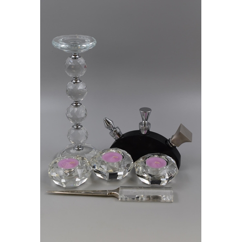 205 - Crystal Stand with three Candlehoders, Letter Opener and set of Wine Stoppers in Stand