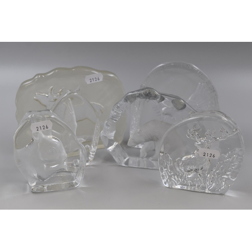 206 - Six Glass 3-D Animal Paperweights. Includes Polar Bear, Stag, Squirrel and More. Tallest Approx 5.5