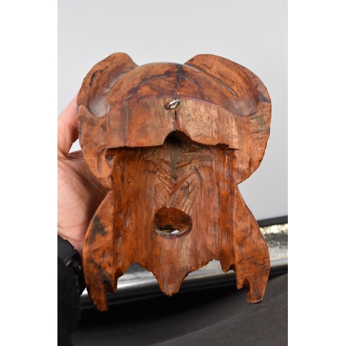 208 - A Carved Wooden Chinese Mask With Inlaid Bone Eyes and Teeth, Approx 7” Tall