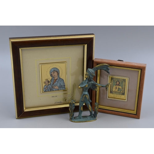 209 - Three items to include Two Small Gold Art Miniature Religious Picture with Cert, a Miniature Cristo ... 