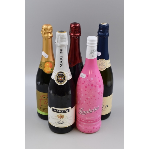 316 - Five Sealed Bottles of Sparking Wine To Include Bucks Fizz, Lambrini, Cava, Martini Asti, And Sparkl... 