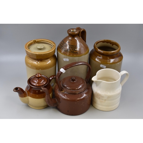 219 - Selection of Stoneware Jugs, Teapot and Storage Jar with a Metal Teapot (Tallest Item 11