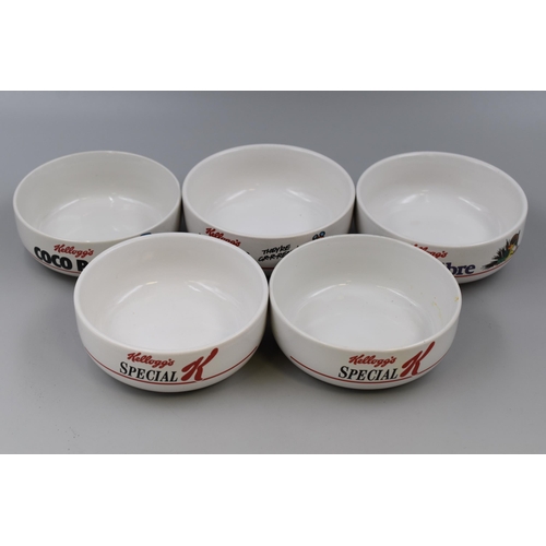 321 - Five Retro 1987 Kelloggs Cereal Bowls. Special K, Frosties, Coco Pops and Fruit and Fibre