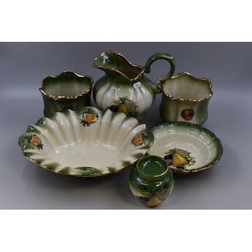 322 - Selection of Green and White Fruit themed Staffordshire Pottery including Jug, planters and More