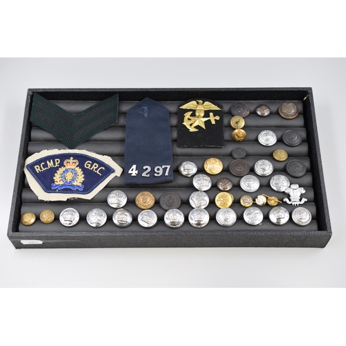 225 - Selection of Military and Police Buttons, Patch Badges, and Epuellette