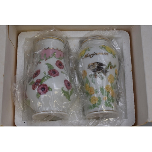 230 - Six Fine Porcelain Birds and Blossoms Spice Jars in Boxes. Includes Nutmeg, Marjaram, Thyme, Clove, ... 