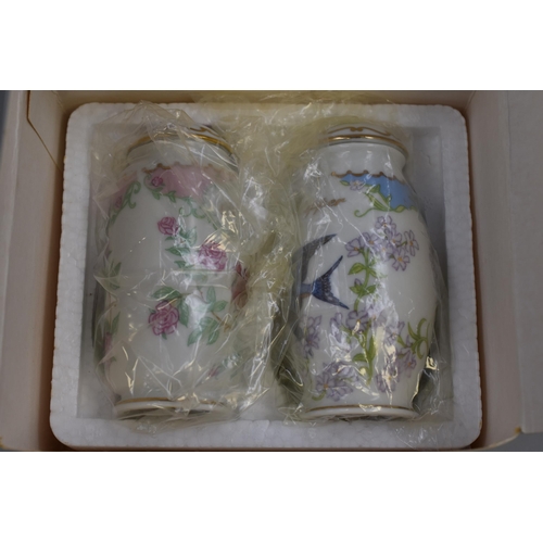 230 - Six Fine Porcelain Birds and Blossoms Spice Jars in Boxes. Includes Nutmeg, Marjaram, Thyme, Clove, ... 