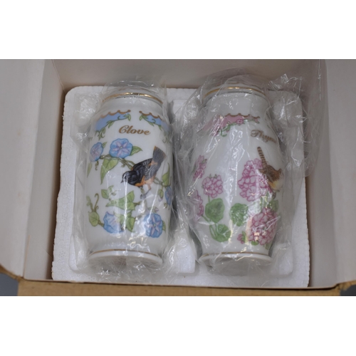 230 - Six Fine Porcelain Birds and Blossoms Spice Jars in Boxes. Includes Nutmeg, Marjaram, Thyme, Clove, ... 