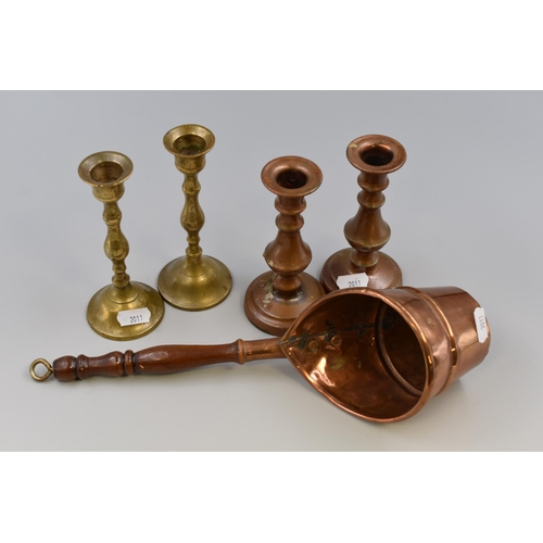 353 - Selection of Brass and Copper items to include Copper Ladle and Four Candle Sticks (Ladle Approx. 13... 