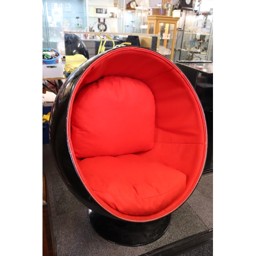 577 - Vintage Large Black Rotating Ball Chair in the style of Ero Aarnio Upholstered in Vibrant Red Cashme... 