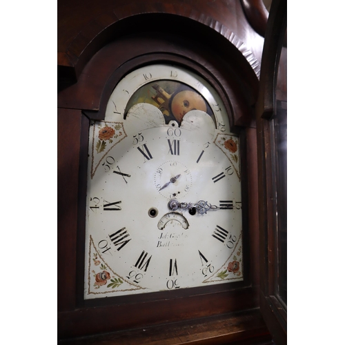 585 - Georgian Moon Dial Grandfather Clock in Oak and Mahogany Inlaid Case with Weights, Pendulum, and Key... 