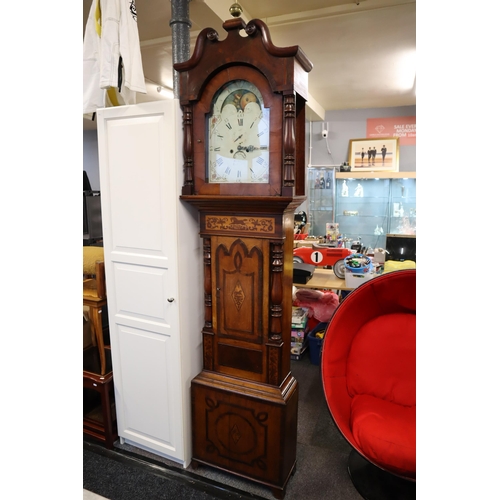 585 - Georgian Moon Dial Grandfather Clock in Oak and Mahogany Inlaid Case with Weights, Pendulum, and Key... 