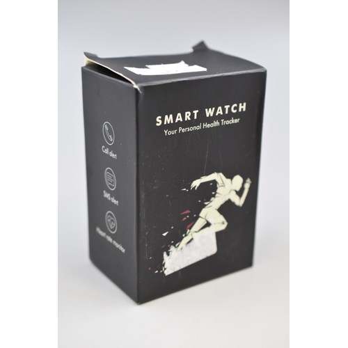 364 - Ladies smart watch with animal print strap and charging lead, boxed, working when tested