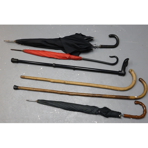 388 - A Selection of Six Walking Sticks and Umbrellas