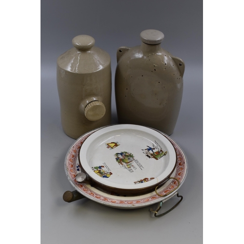 622 - Four Vintage Hot Water Bottles. Includes Two Stoneware, and Two Collectable Plate and Metal