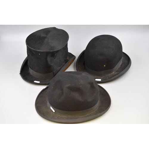 401 - Three Vintage Hats to include Top Hat and Two Bowler Hats. Two with Names, Moores British Leather an... 