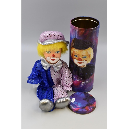 402 - Vintage Porcelain Clown Doll, Dressed in Blue & Silver with Silver Coloured Hat, Complete With D... 