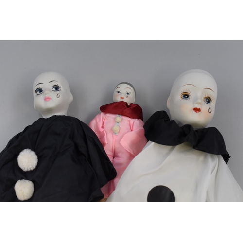 403 - Three Vintage Porcelain Headed Pierrot dolls (Tallest 17