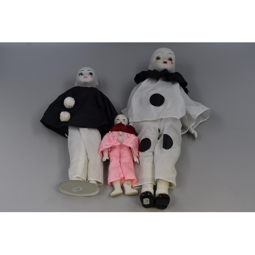 403 - Three Vintage Porcelain Headed Pierrot dolls (Tallest 17