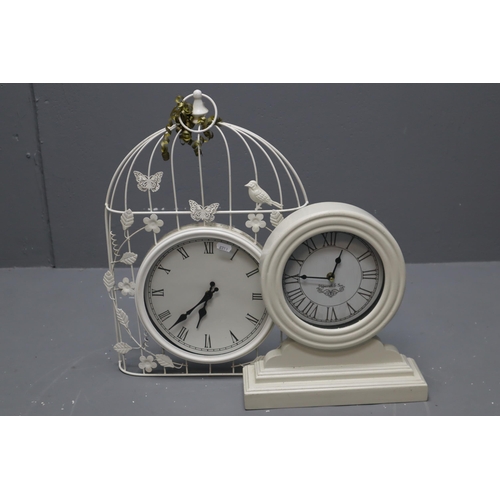 637 - Two French Inspired Cream Coloured Quartz Clocks to include a Large Mantle and Bird Cage Decoration