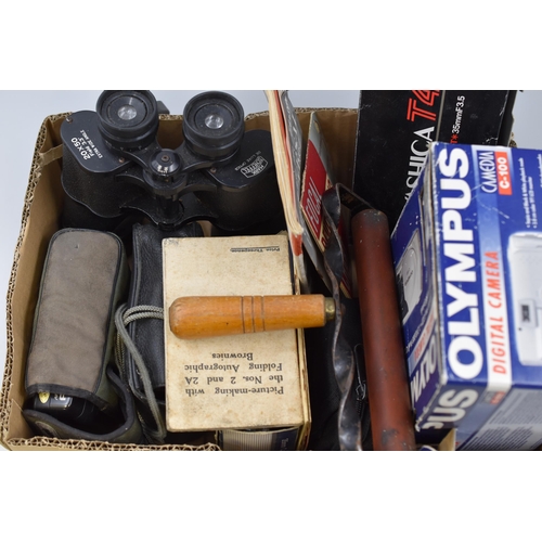 513 - Large Selection of Vintage Cameras and a Pair of Binoculars. Also includes Antique Printing Roller, ... 