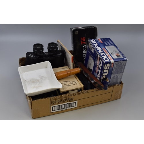 513 - Large Selection of Vintage Cameras and a Pair of Binoculars. Also includes Antique Printing Roller, ... 