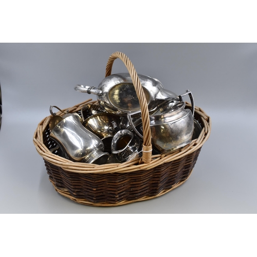 740 - Rattan Basket Containing a Large Selection of Silver Plate Including Tankards, Teapot, Sugar Bowl an... 