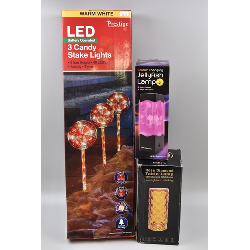 744 - Collection of Boxed lights to include Candy Stake Lights, Rose Diamond Table Lamp and a Jellyfish La... 