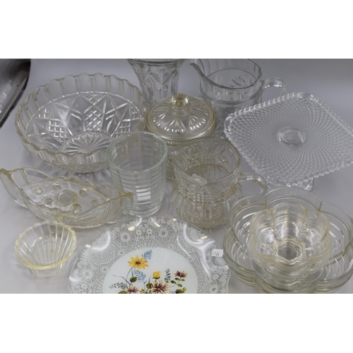 759 - Large Mixed Lot of Vintage Glassware to include Cake Stand, Floral Plate, Bon Bon Jar and more