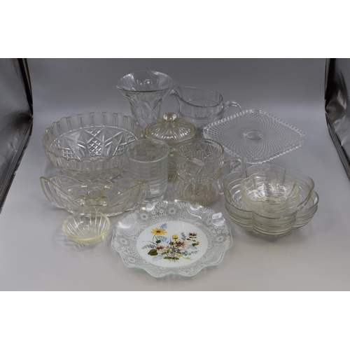 759 - Large Mixed Lot of Vintage Glassware to include Cake Stand, Floral Plate, Bon Bon Jar and more