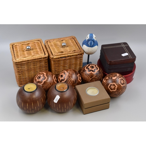 761 - Selection of Candleholders, Rattan Storage Baskets, Coasters, Puffin and More