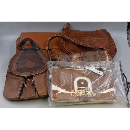 773 - A Selection of Five Brown Leather Style Ladies Handbags. Includes Snake Skin Effect, Native American... 